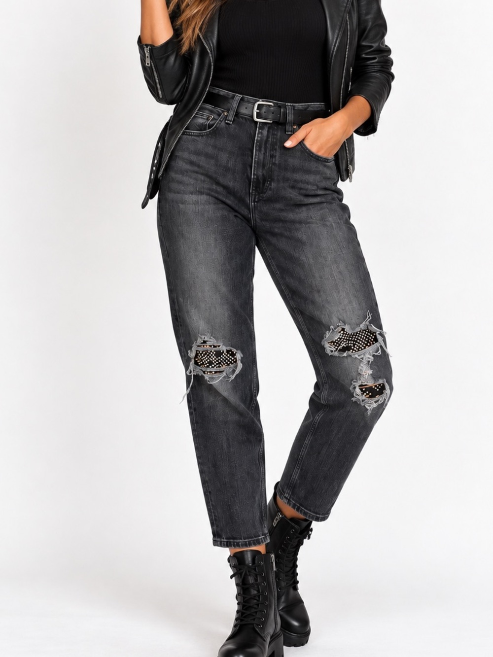 GUESS Tapered High Rise Mom Jeans Rhinestone Distressed Black Denim Size 27